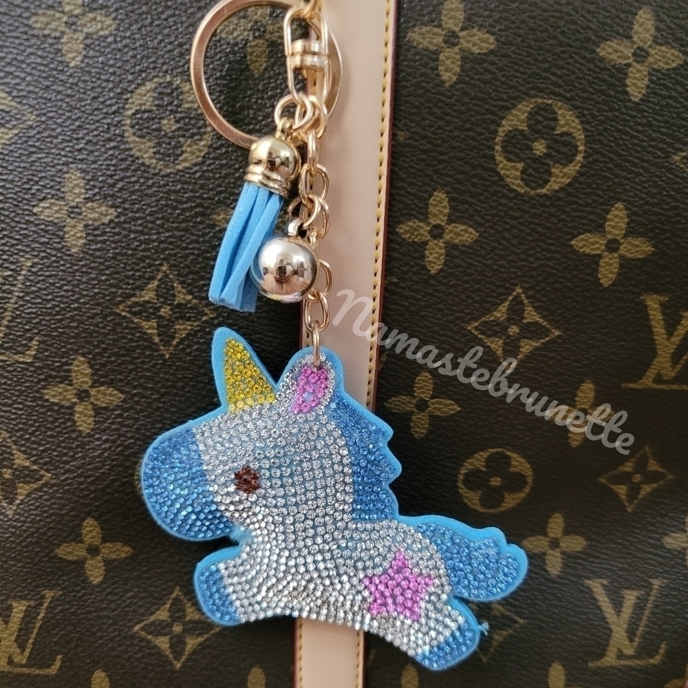 Unicorn Crystal Rhinestone Keychain Bag Charm With Blue Tassel
